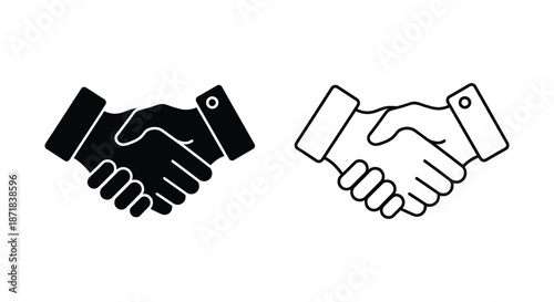 A simple black and white illustration depicting two hands in a handshake