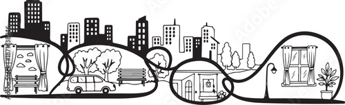 Cityscape with Various Urban Elements and Transportation