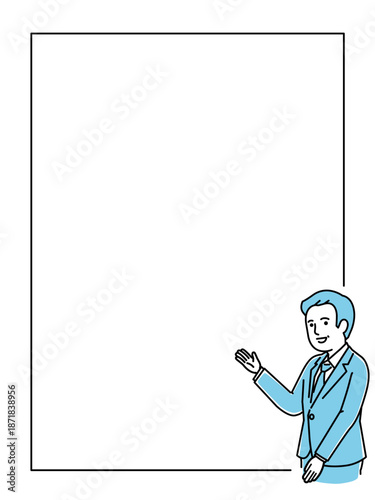 スーツを着て案内するシニアスタッフ男性とメッセージフレーム、ベテランの相談員や金融、医療のお知らせイラスト