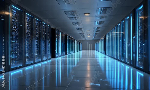 Modern data center server room with rows of glowing blue illuminated racks and reflective floor creating a futuristic and high tech environment for digital information storage and processing