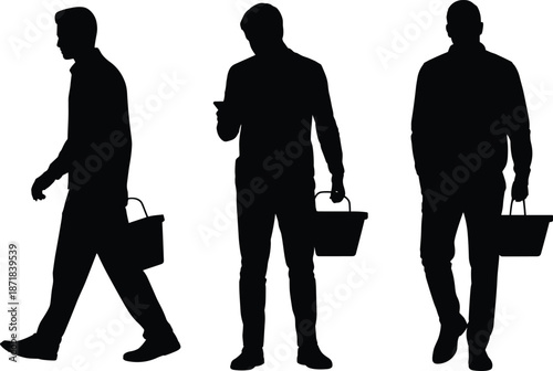 Silhouettes of three shoppers walking with baskets, each in different posture and direction, symbolizing modern retail behavior in black illustration.
