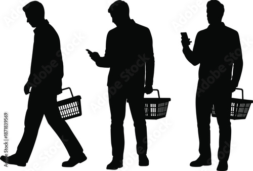 Silhouettes of three shoppers with baskets using mobile phones, symbolizing modern consumer behavior and digital interaction in black illustration.