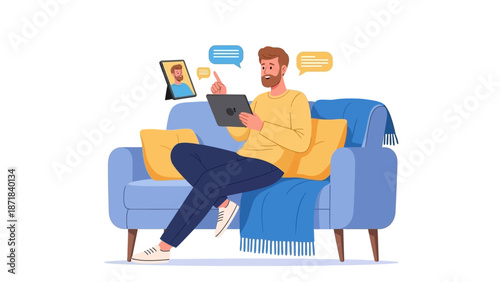A bearded man comfortably relaxes on a sofa, utilizing his tablet for vibrant online communication and video calls, embodying modern digital connectivity and leisure at home