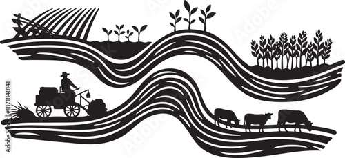 Farmer plowing fields with tractor and oxen illustration