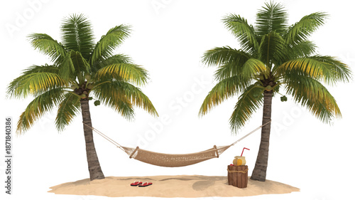 A digital illustration of a tropical beach scene with two tall palm trees with brown trunks and vibrant green fronds (3)_traced