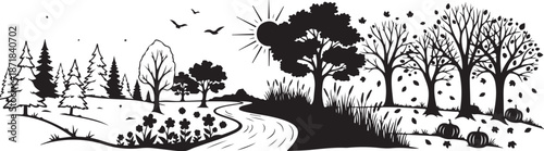 Serene winter landscape with trees and winding path scene