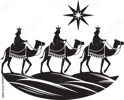 Silhouette Three Kings on Camels with Bethlehem Star – Nativity Epiphany Desert Scene Vector
