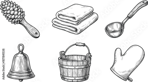 Hand-drawn sauna accessories collection with wooden bucket, birch whisk, ladle, stacked towels, bell and mitt, vintage engraved spa and bathhouse illustrations icons