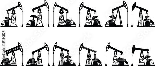 Oil pumpjack silhouettes vector set, petroleum extraction machinery collection, drilling rigs and pumping units icons for energy industry and industrial production design