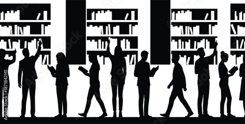 People reading in library silhouette vector illustration, students and adults browsing bookshelves, studying, learning and research scene in public library interior