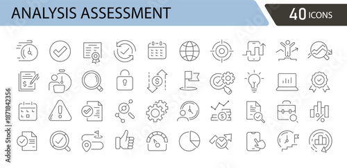 Analysis assessment icons set with analysis, assessment, report, checklist, evaluation, audit, data, research, review, performance, planning, and decision symbols. Outline style.