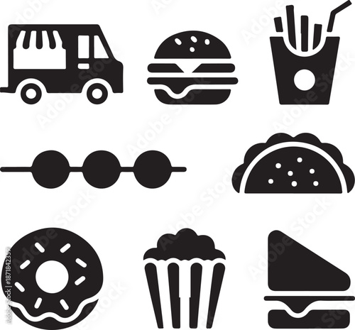 Street food silhouette icon set. Food truck, burger, fries, taco icons silhouette collection