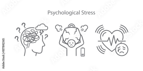 Psychological Stress and Burnout Icon Set. Vector Line Art of Mental Confusion, Heavy Burden, and Emotional Pain.