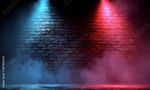 Dramatic brick wall illuminated by contrasting blue and red spotlights casting atmospheric smoke and light beams on a wet textured floor background