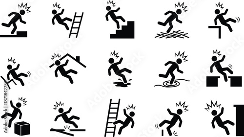 Slip and fall hazard icon set, safety pictograms depicting slips, trips, falls on ladders, stairs, wet floors, debris, uneven surfaces, workplace warnings