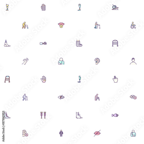 Seamless pattern Disability People Pictograms icon on white background. Included icons such as Disabled health care, medical tools, equipment stick figure, crutches, wheelchair