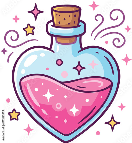 Magic Love Potion in Heart Shaped Glass Bottle with Sparkling Pink Liquid and Stars Vector Illustration