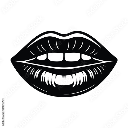 A striking black and white illustration of vampire lips with sharp teeth