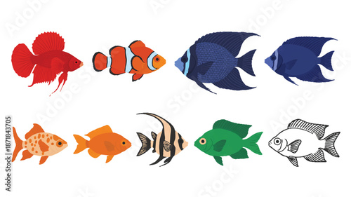 A flat, minimalist illustration of eight different tropical fish arranged in two rows against a white background (3)_traced