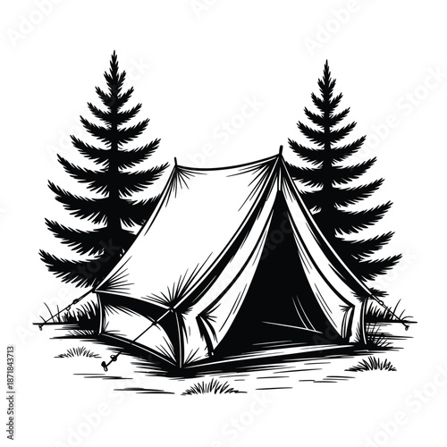 A solitary tent nestled between two evergreen trees in a wilderness scene