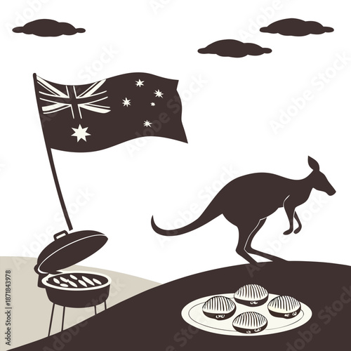 Australian barbecue scene with kangaroo and flag