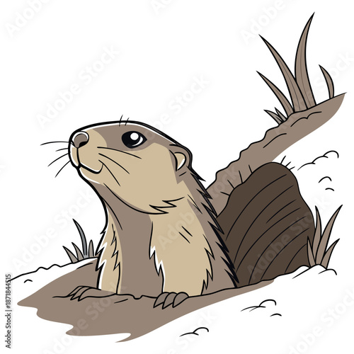 Cartoon otter peeking out from cozy burrow in grassy field