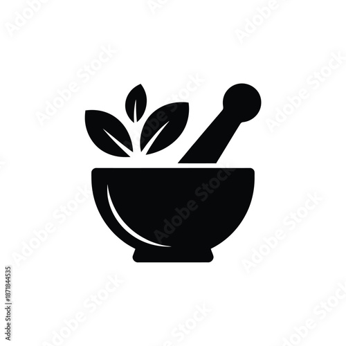 Herbal medicine symbol a mortar and pestle with leaves illustration