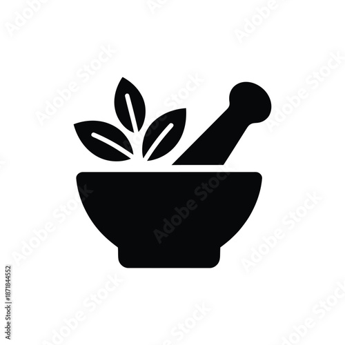 Simple black and white illustration of a mortar and pestle with leaves