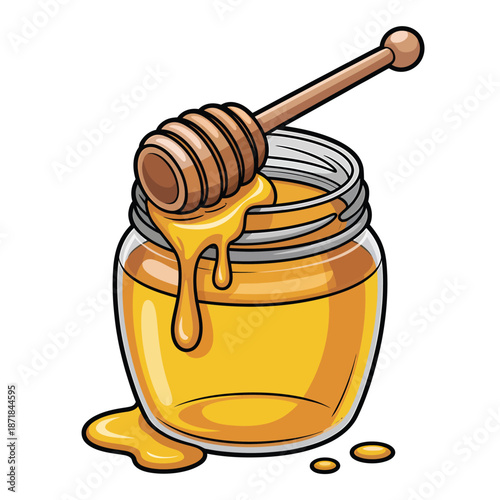 A jar of golden honey with a wooden dipper sweetly dripping