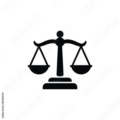 Simple black and white illustration of scales of justice icon
