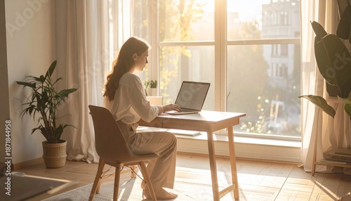 Photorealistic lifestyle photo of young professional working from home near window, natural morning light, laptop and notebook on wooden desk, calm productive mood, neutral interior, premium stock rea