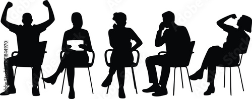 Diverse Group Sitting Poses, Modern Office Character Outlines, Dynamic Seated Professional Silhouettes, vector, illustration, silhouette