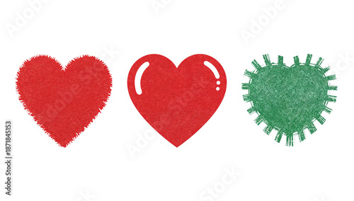 A conceptual illustration of three heart variations including glossy and mechanical forms