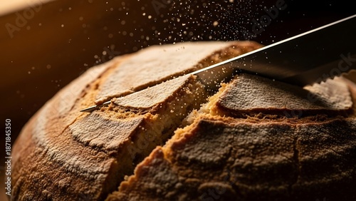 Crusty bread being sliced with knife.