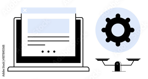 Technology, efficiency, balance, workflow management, system optimization, decision-making. A laptop displaying a webpage, gear icon and scale. Technology and efficiency concepts