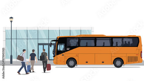 A modern, minimalist illustration of a bus station with a large orange tour bus parked on the right side (2)_traced