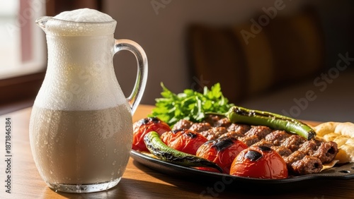 Traditional turkish aryan and grilled meat with vegetables on a plate, featuring charred tomatoes and peppers