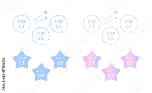 パステルシアンとドリーミーピンクのグラデーション、「ゆめかわいい」原宿系デザインの「STEP 01〜03」入り星型アイコンと流れ星吹き出しセット｜線画の円形吹き出しと星型、キラキラ装飾付き｜パウダーブルーとパステルラベンダーのグラデーションの色合い2色セット