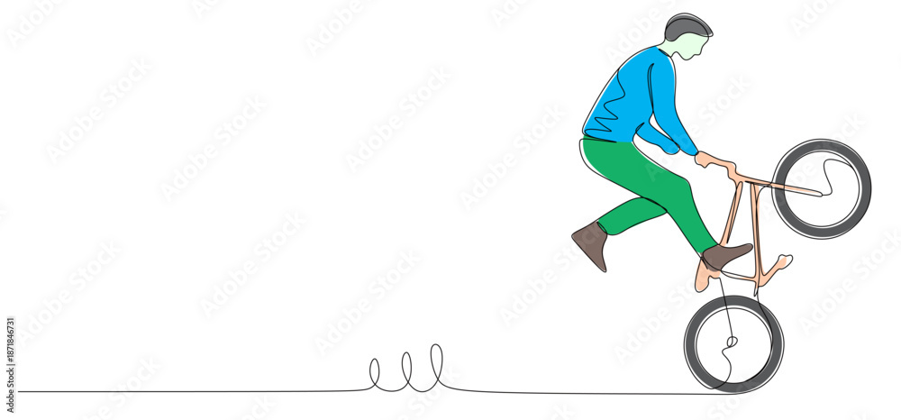 Fototapeta premium Continuous line art of a man showing off his cycling skills. free style of cycling. Vector illustration with color.