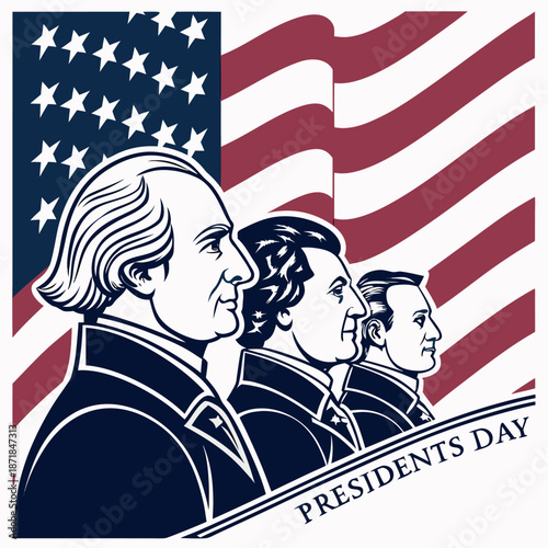 Presidents Day illustration with American flag and three presidents