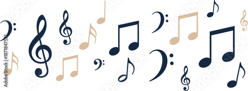 A Musical Symphony A Collection of Diverse Musical Notes and Symbols Flowing Across a White Background