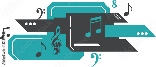 Dynamic abstract graphic design featuring an array of musical notes, a treble clef, and a bass clef, symbolizing the universal language of rhythm and melody