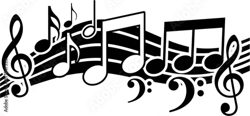Dynamic black and white musical arrangement featuring a flowing design of staff notes, treble and bass clefs, symbolizing rhythm, melody, and the art of sound in an elegant composition