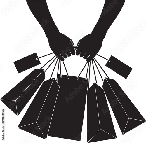 Hands holding many shopping bags with tags, symbolizing retail therapy and consumer activity