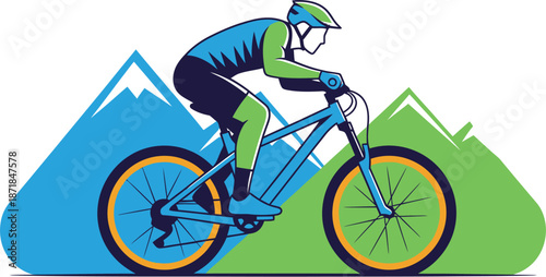 Vibrant vector illustration of a mountain biker conquering challenging trails, embodying the thrill of outdoor adventure and a healthy, active lifestyle amidst picturesque landscapes