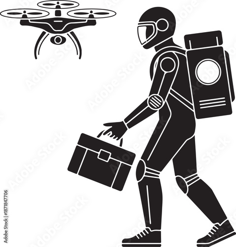 Vector silhouette of a robot Santa delivering presents with drones 