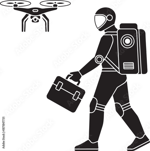 Vector silhouette of a robot Santa delivering presents with drones 