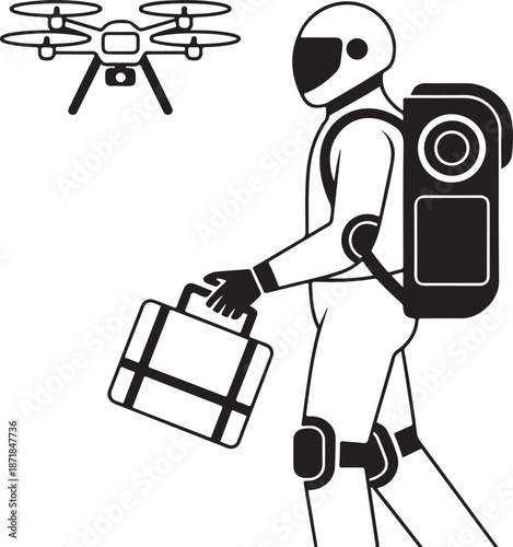 Vector silhouette of a robot Santa delivering presents with drones 