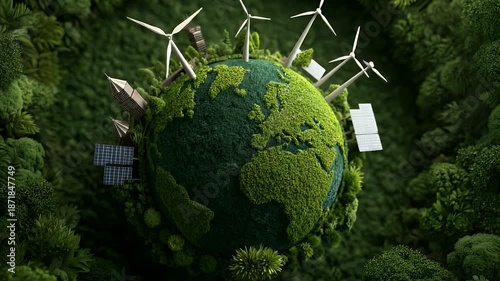 Miniature earth globe covered in lush green vegetation and moss featuring wind turbines and solar panels symbolizing sustainable energy and environmental preservation