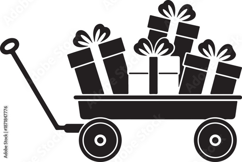 Vintage Children's Wagon with Gifts Flat Vector Silhouette